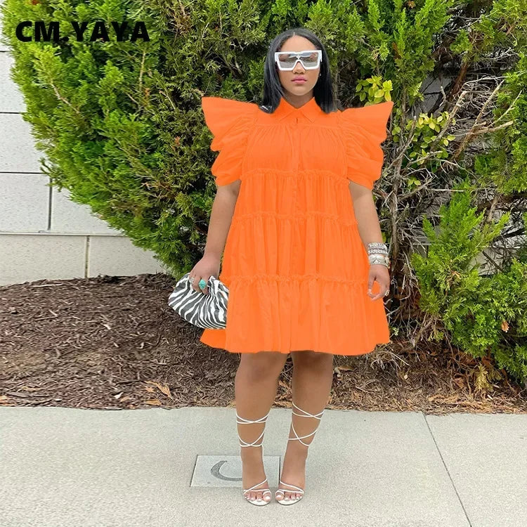Elegant Women Puff Short Sleeve Smock Dress 2022 Summer Chic Big Swing Loose Turn-down Neck Sundress Vestidos