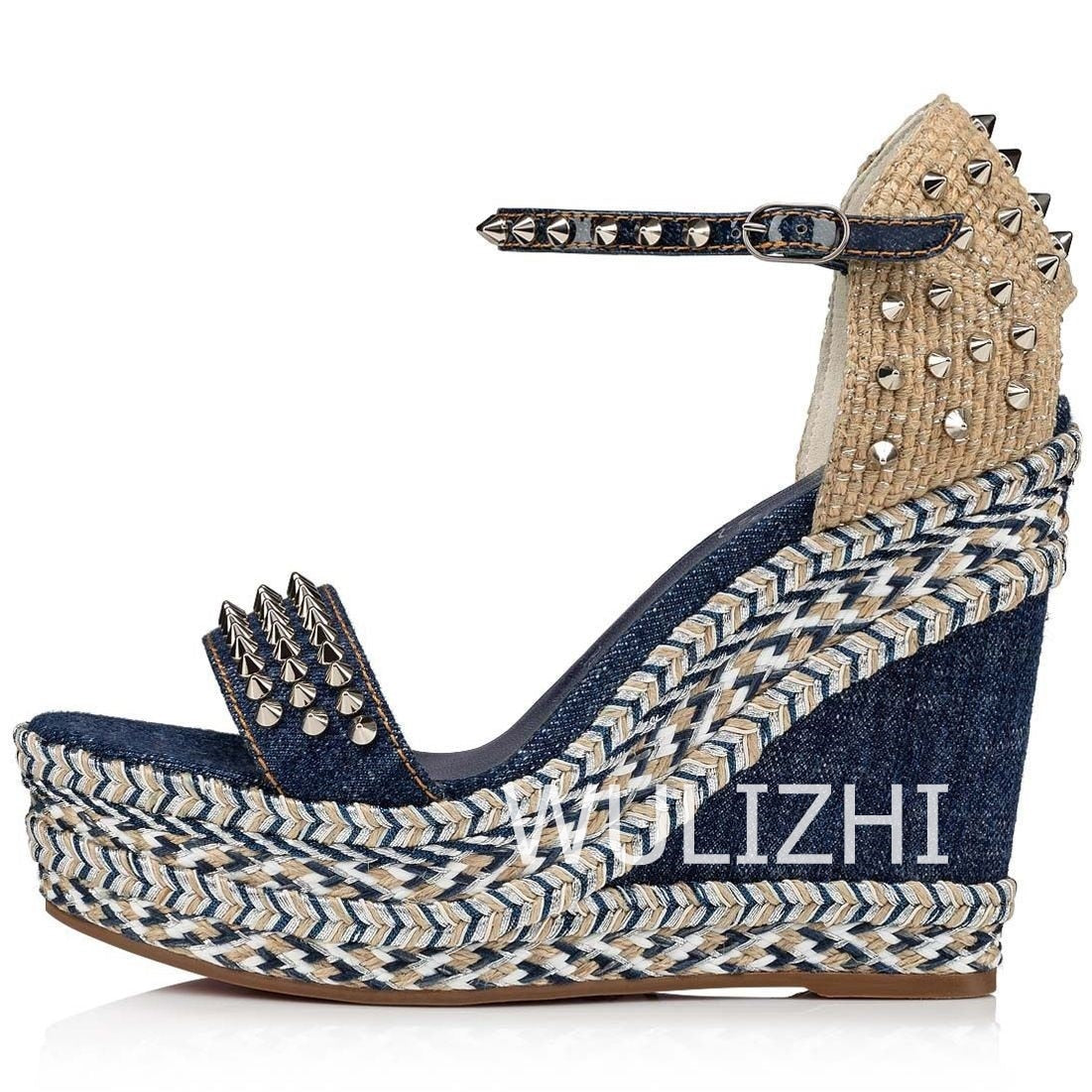 Women Bling Gold Stud Wedge Sandals Espadarille Metallic Hollow Buckle Design Shoes Open Office Bordered Luxury Gladiator Summer 7.5cm