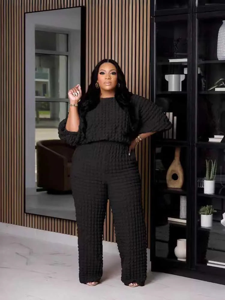 Curvy Plus Size Woman Clothing Fall Winter Long Sleeve 2 Piece Outfit Set Bubble Waffle Pleated Top and Pants Sets Elegant Suit