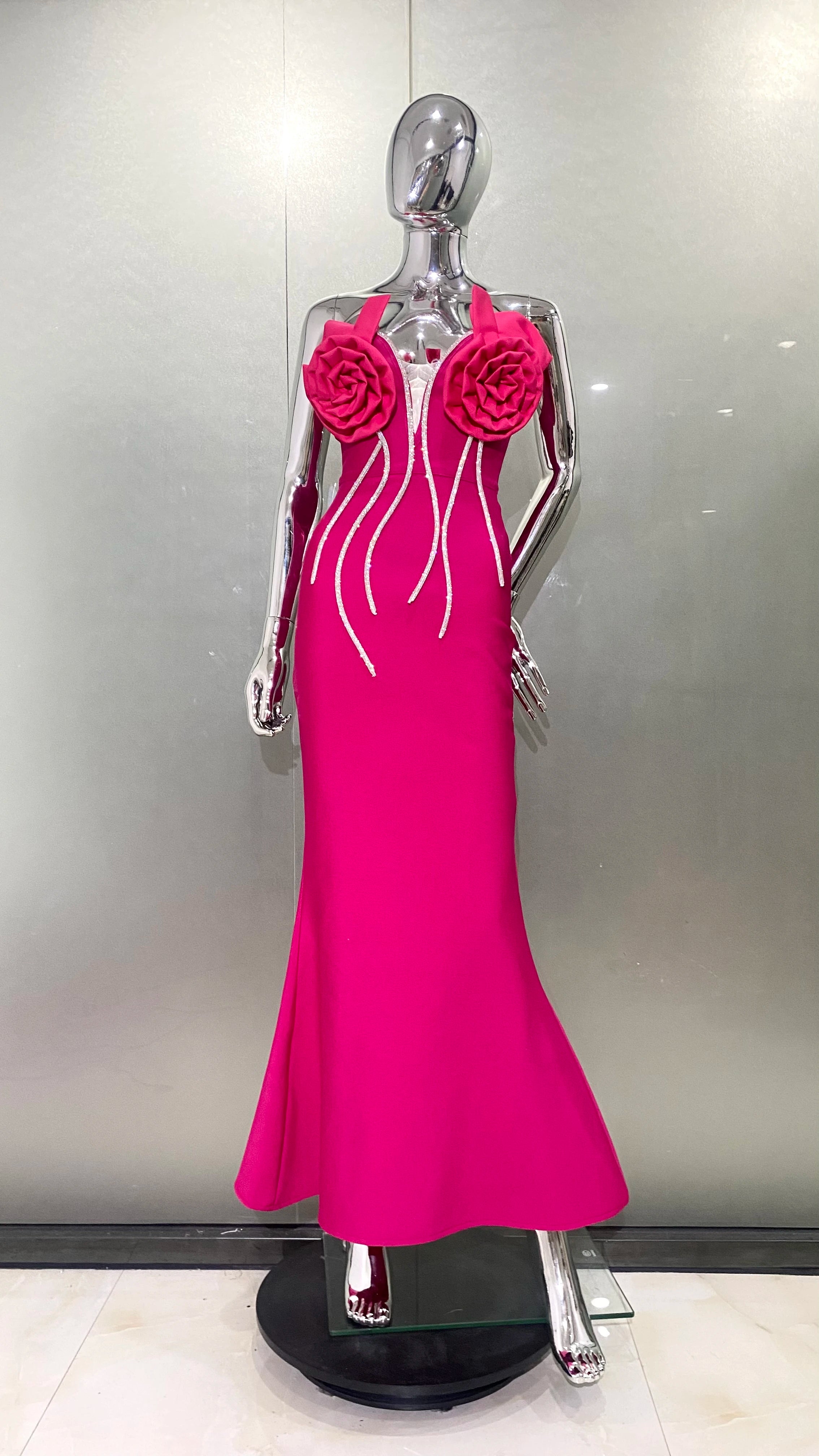 STOCK 2024 Summer Rose Red Stereoscopic Flowers Sparkling Diamonds Chain Ankle Lenght Bandage Dress Elegant Woman Evening Dress Rose Red