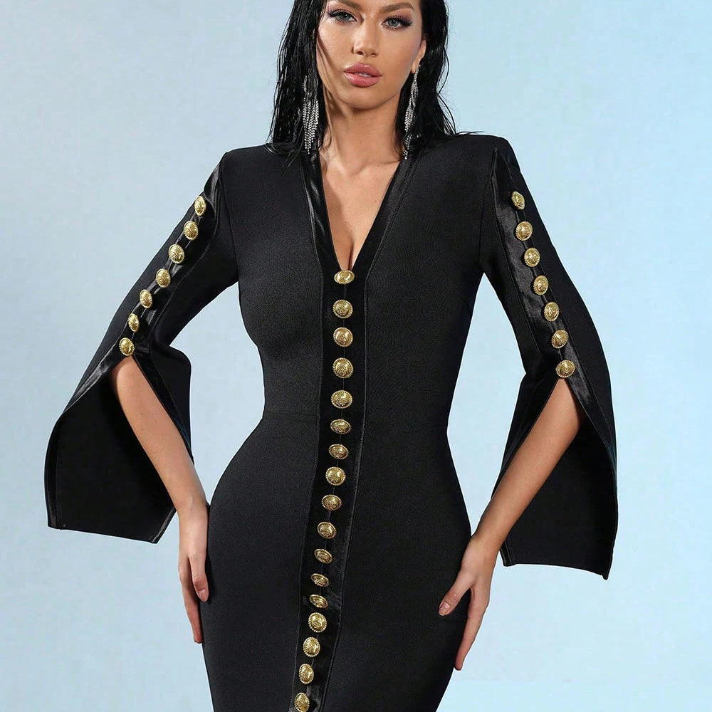 2025 New Women V Neck Bandage Dress Black Sexy Long Sleeve Button Bodycon Club Celebrity Elegant Evening Mini Party Dresses
