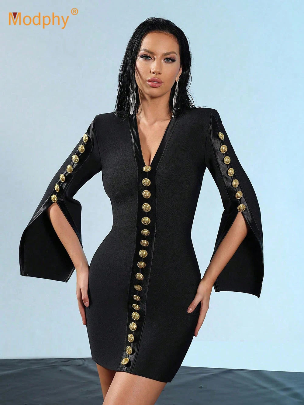 2025 New Women V Neck Bandage Dress Black Sexy Long Sleeve Button Bodycon Club Celebrity Elegant Evening Mini Party Dresses