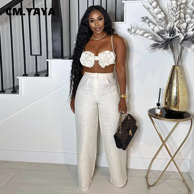 Streetwear Women's Set Sleeveless 3D Flower Crop Bra Top+Wide Leg Pants Elegant beach holiday Two 2 Piece Set Outfits