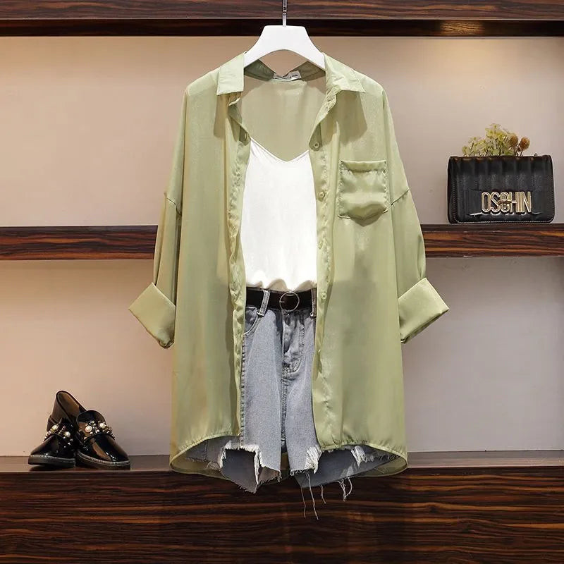 Women's Summer Matching Set 2024 New Fashion Chiffon Sunscreen Shirt+Tank Top+Denim Shorts 3 Piece Korean Elegant Jeans Suit Three-piece Set