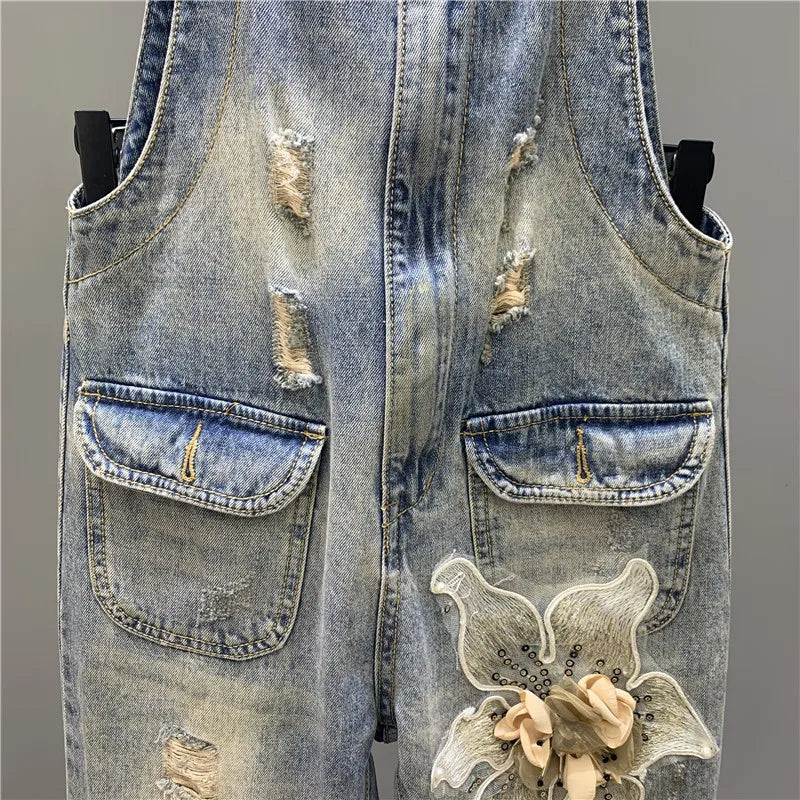 Spring 2023 New Heavy Industry Beads Three-Dimensional Flower Suspender Denim Jeans Casual Romper Skinny Jeans Jumpsuit Women