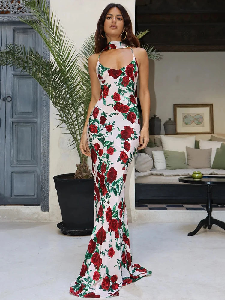 Mozision Halter Backless Print Sexy Maxi Dress For Women Gown Elegant Sleeveless High Waist Evening Club Party Long Dress WHITE