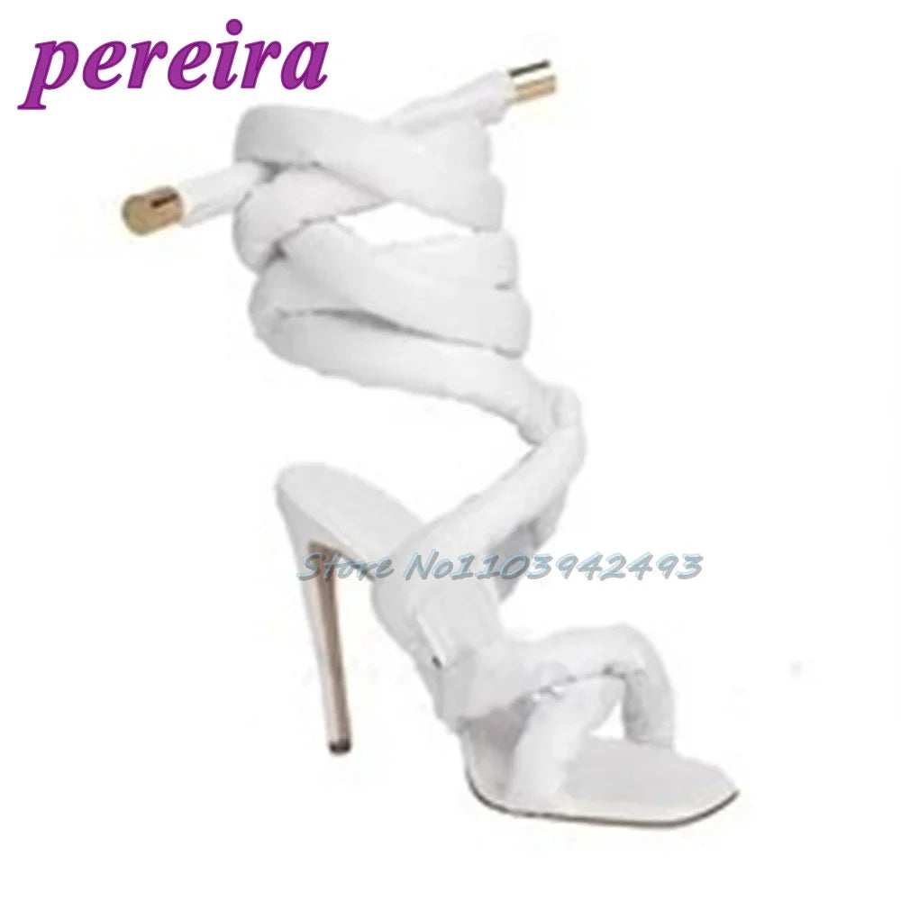 Silver Gladiator Heels Square Toe Ankle Strap Heeled Sandals Roman Style Stiletto Designer Women Shoes Summer Sandalias De Mujer White