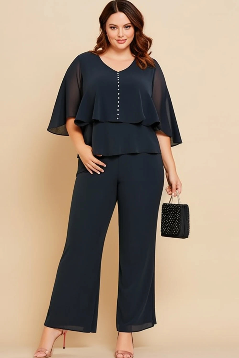 Flycurvy Plus Size Mother Of The Bride Navy Blue Chiffon V Neck Cape Sleeve Two Piece Pant Suit black