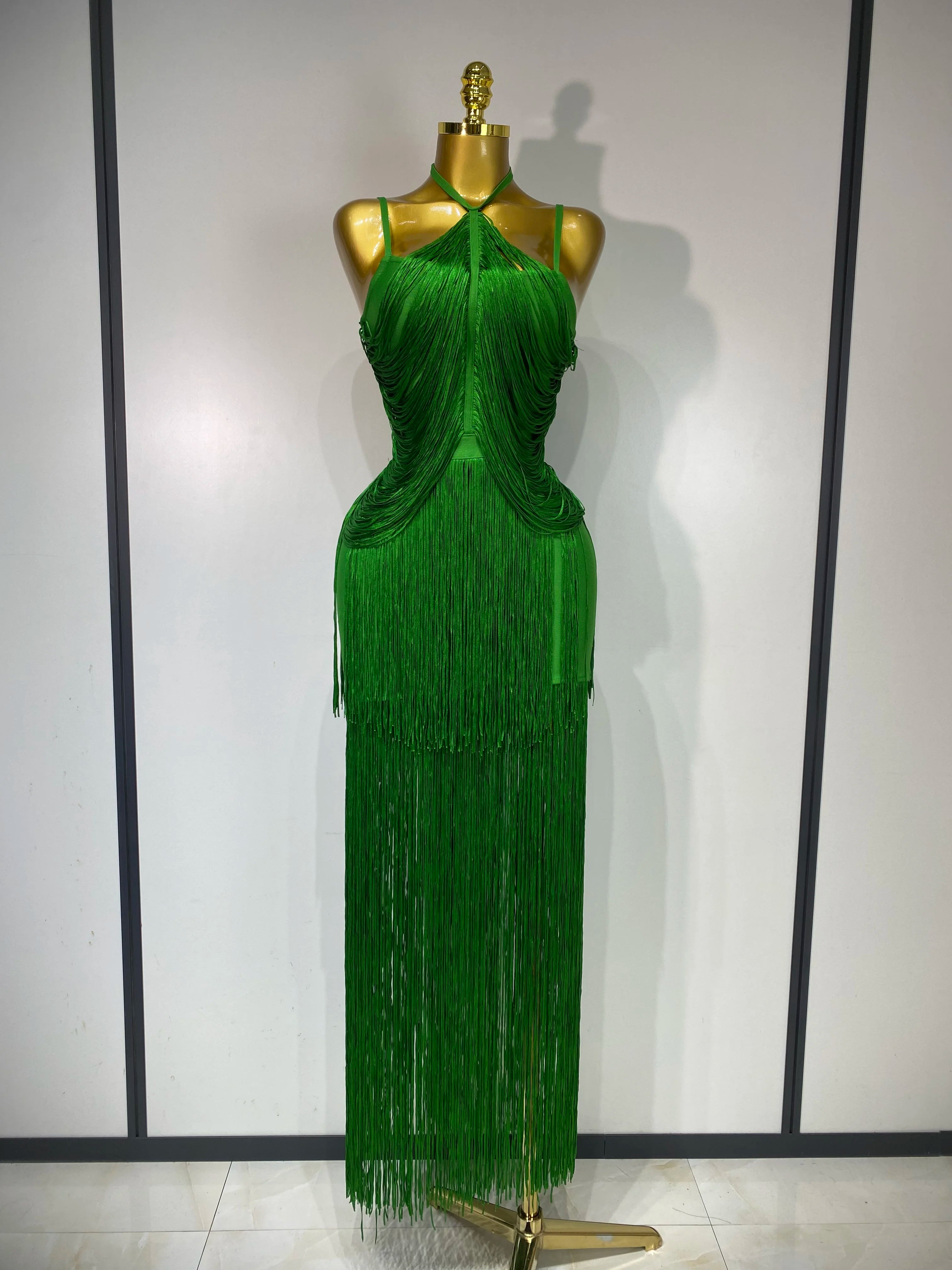 Women Sexy Backless Tassel Black Ankle Bodycon Bandage Dress 2025 Celebrity Elegant Evening Club Luxury Birthday Party Dresses green