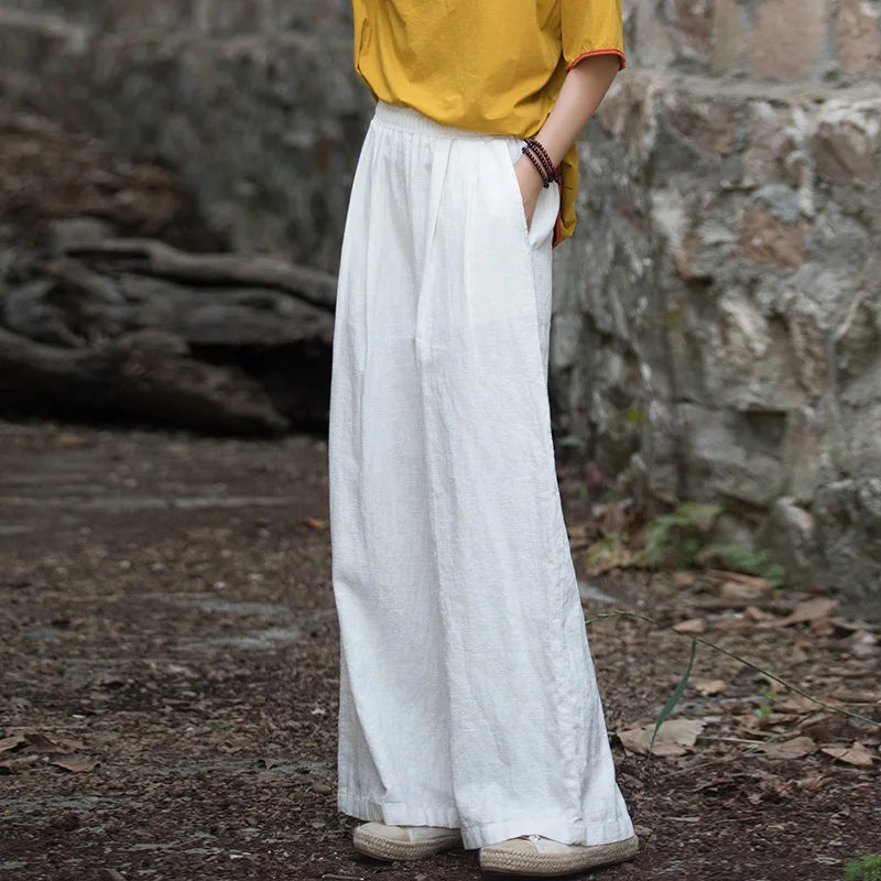 Vintage Casual Cotton Linen Female Pants Spring Summer Korean Style Elastic Waist Solid Women Long Straight Wide Leg Pants White One Size