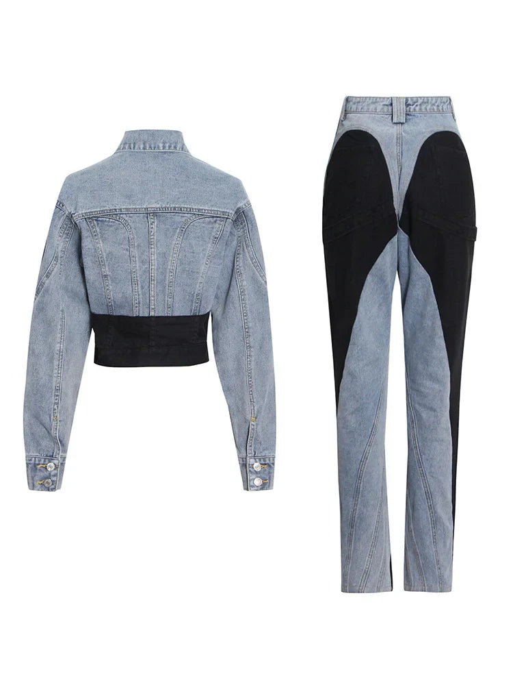 Hit Color Patchwork Denim Two Piece Sets Women Long Sleeve Coat Jacket Female High Waist Pencil Pants Jeans 2022