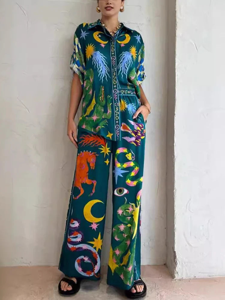2 Piece Sets Women Outfit Summer New Bohemian Style Printing Half Sleeve Shirt Suits Fashionable Casual Loose Wide Leg Pant Set Blue set