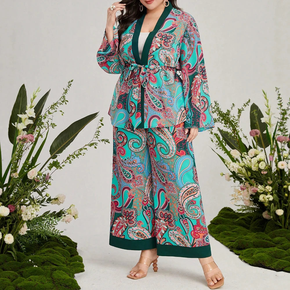 Plus Size Rafiah Women's Summer 2025 Sets Paisley Print Long Sleeve Top Wide Leg Pants Contrast Trim Retro Two Piece Sets Trekking Green