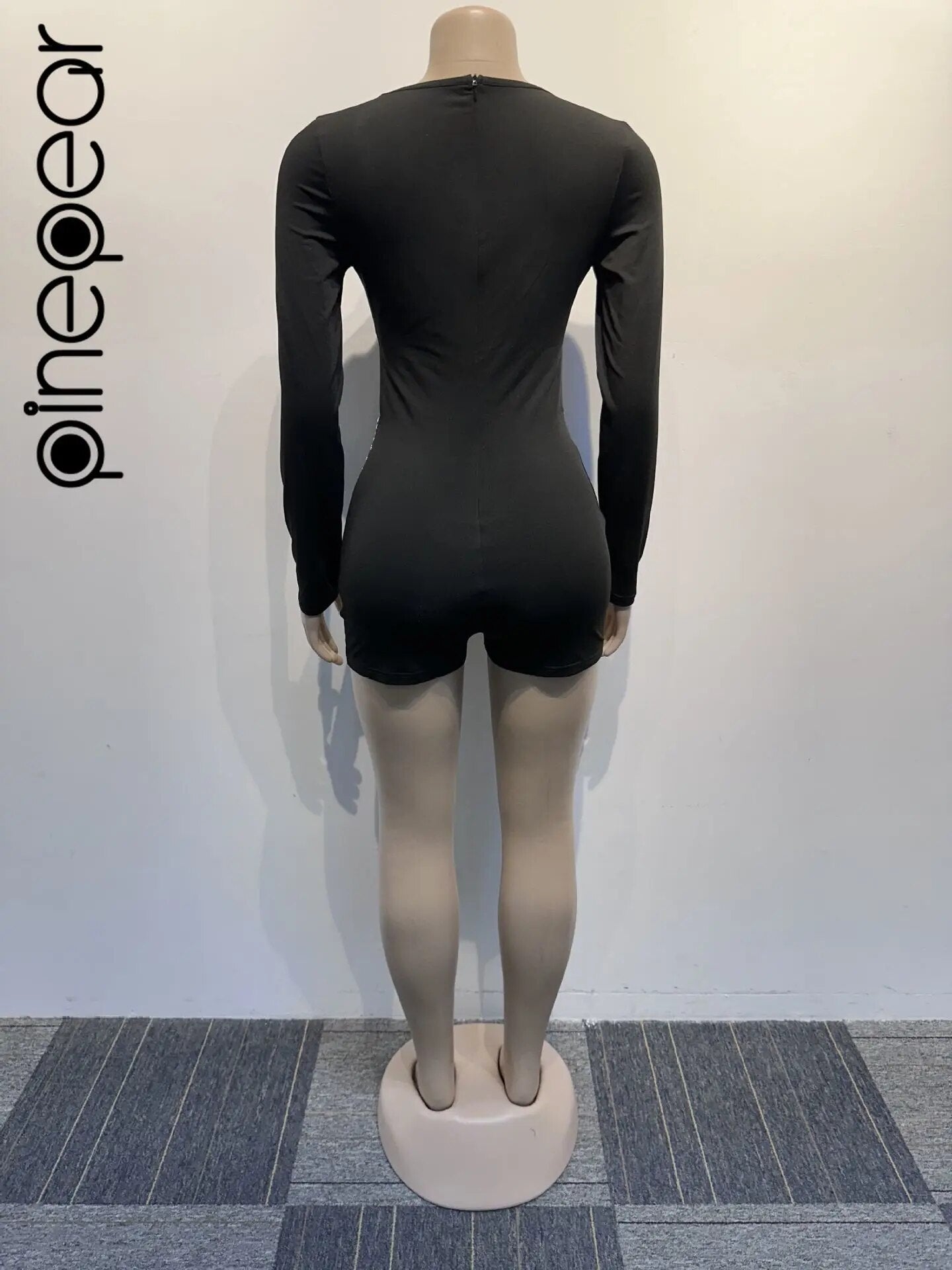 PinePear 2024 Shiny Diamonds Mesh Playsuits Women Long Sleeve Deep V Neck Sexy Hollow Out See Through Club Party Short Jumpsuits
