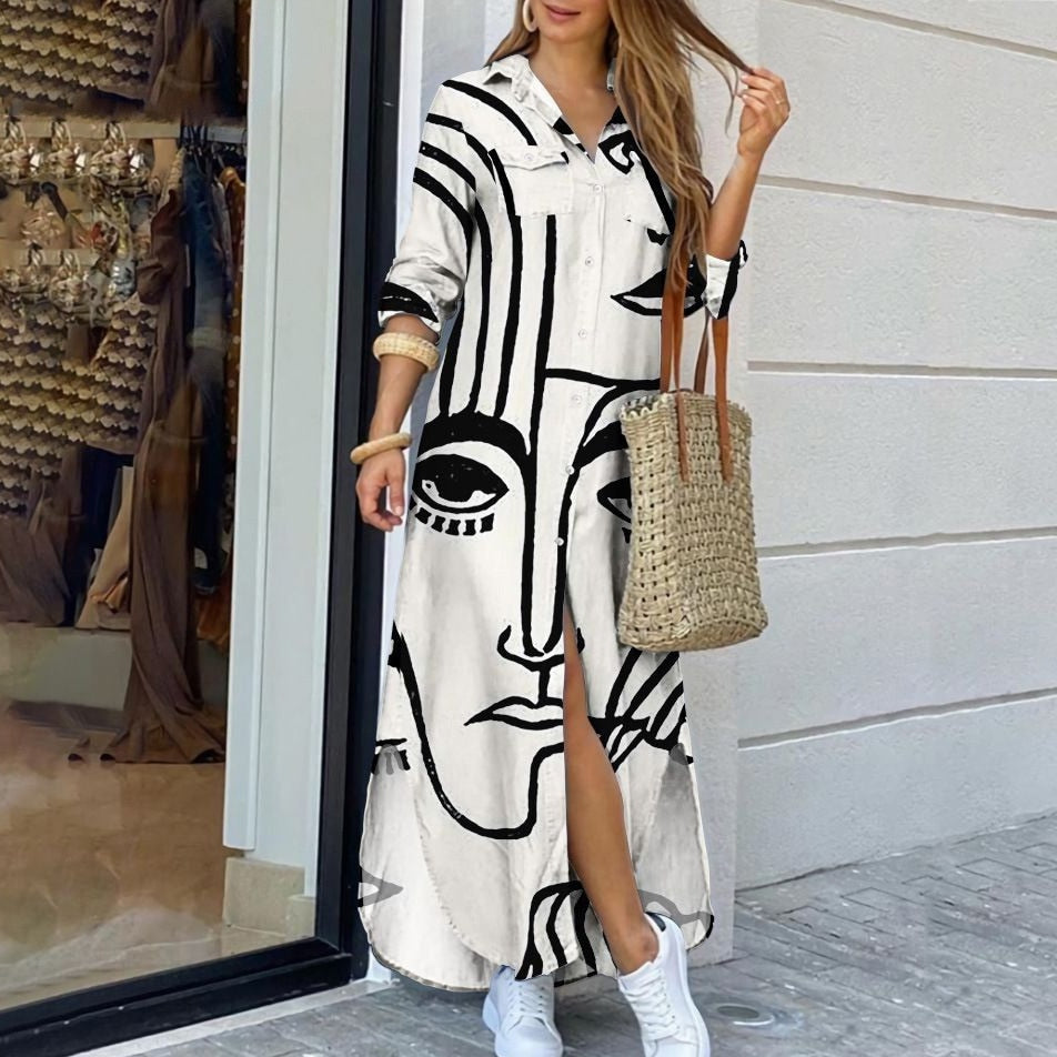 Women's fashion casual dress with loose V-neck print lining White