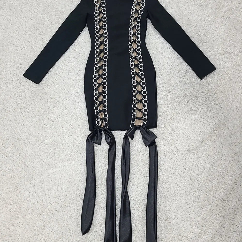 2024 New Women's Sexy Drawstring Strap Bandage Dress O-neck Long Sleeve Bodycon Mini Dress Cocktail Evening Party Vestidos black