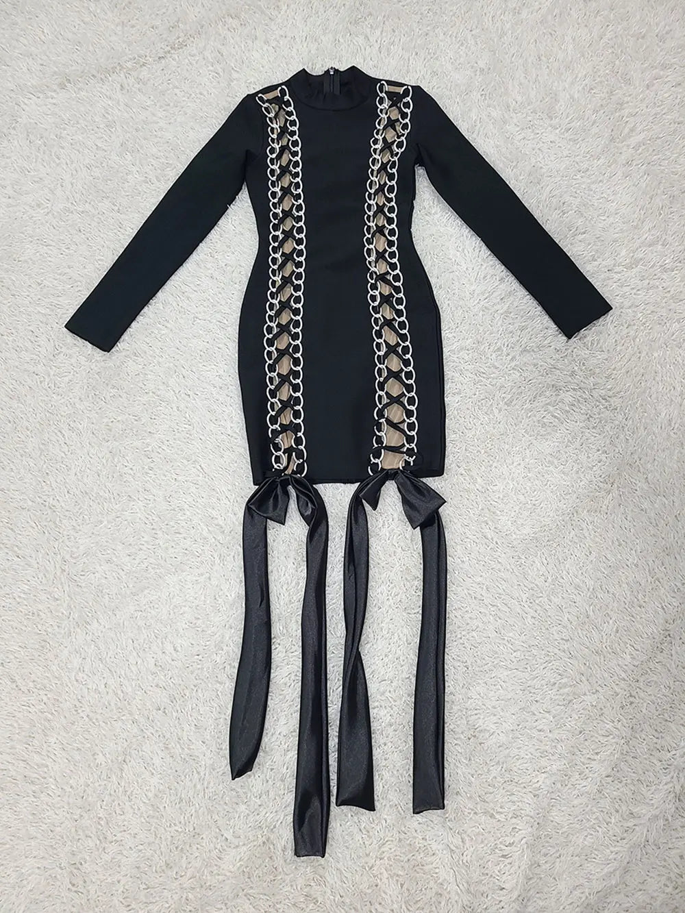 2024 New Women's Sexy Drawstring Strap Bandage Dress O-neck Long Sleeve Bodycon Mini Dress Cocktail Evening Party Vestidos black