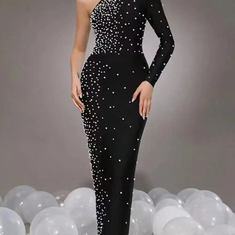 2024 Sexy Women's Light Luxury Pearl Design Bandage Dress with Diagonal Collar One Shoulder Long Sleeve Bodycon Christmas Dress
