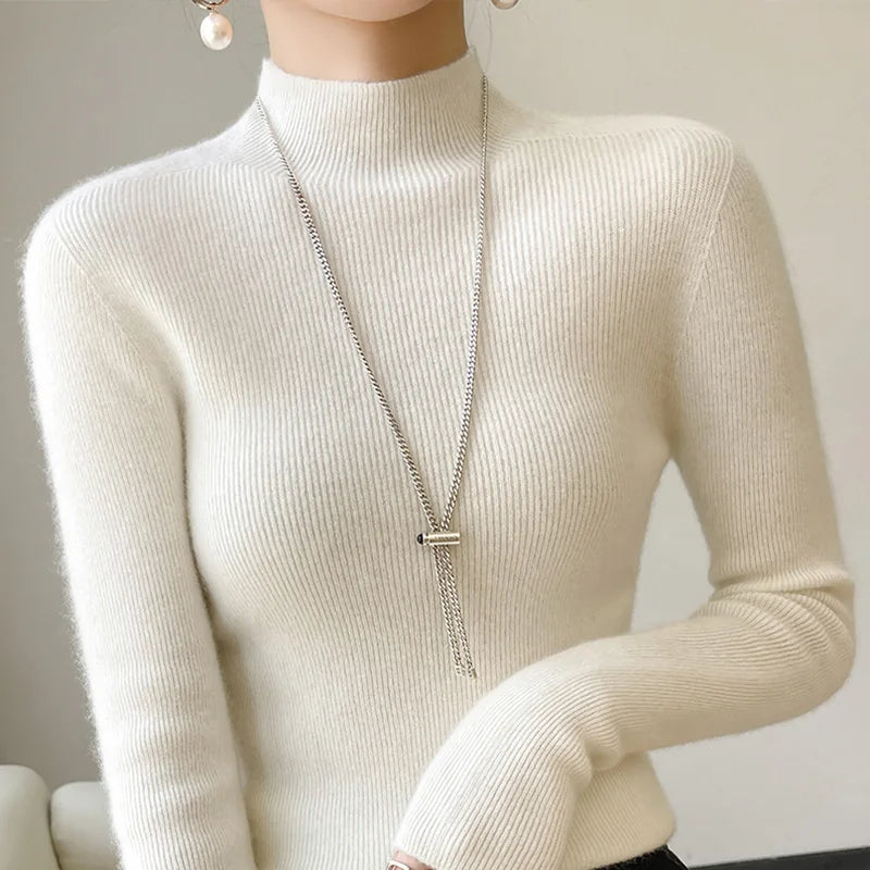 2022 Autumn and Winter Women's Cashmere Sweater Pullover Half Turtleneck Casual Fashion Pure Color Warmth Comfort white