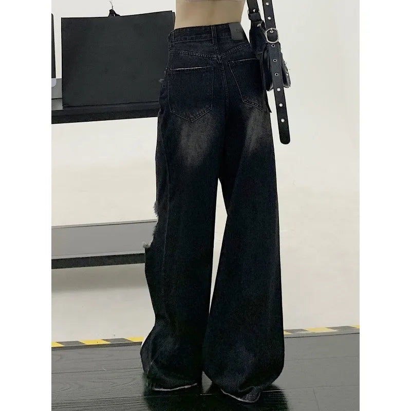 Trendy High Waisted Ripped Jeans for Women, Black Denim Pants with Unique Hole Washed Vibe Gothic Style Baggy Rip Jeans Woman
