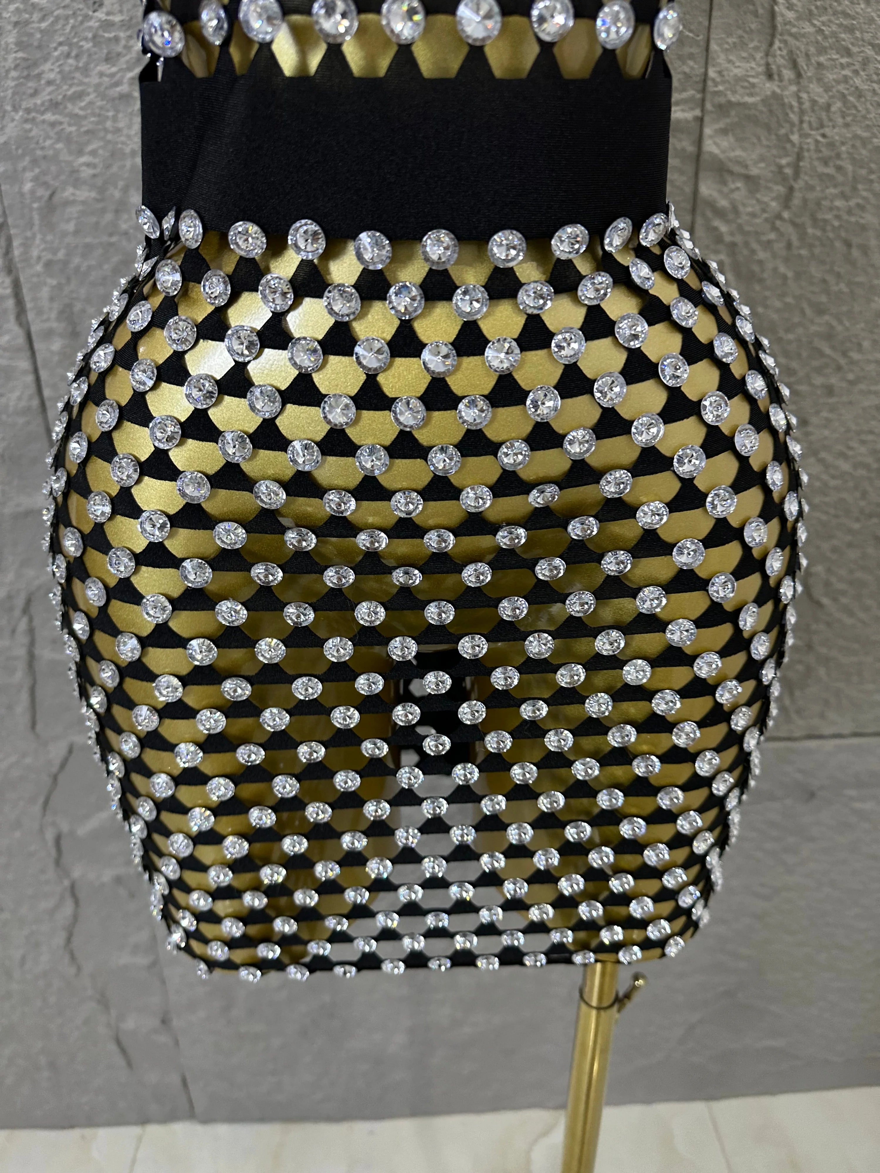Luxury 2026 Glamorous Black Mesh Halter Mini Dress Sparkle Rhinestone Gold Silver Bead Bodycon Bar Stage Performance Costume