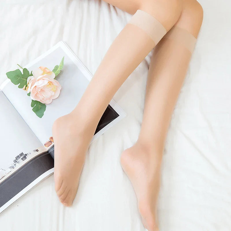 5pair Fashion Women's Nylon Socks Ultrathin Sexy Stockings Solid Transparent Over Knee Socks Crystal Silk Sock Skin Color 5Pair One Size