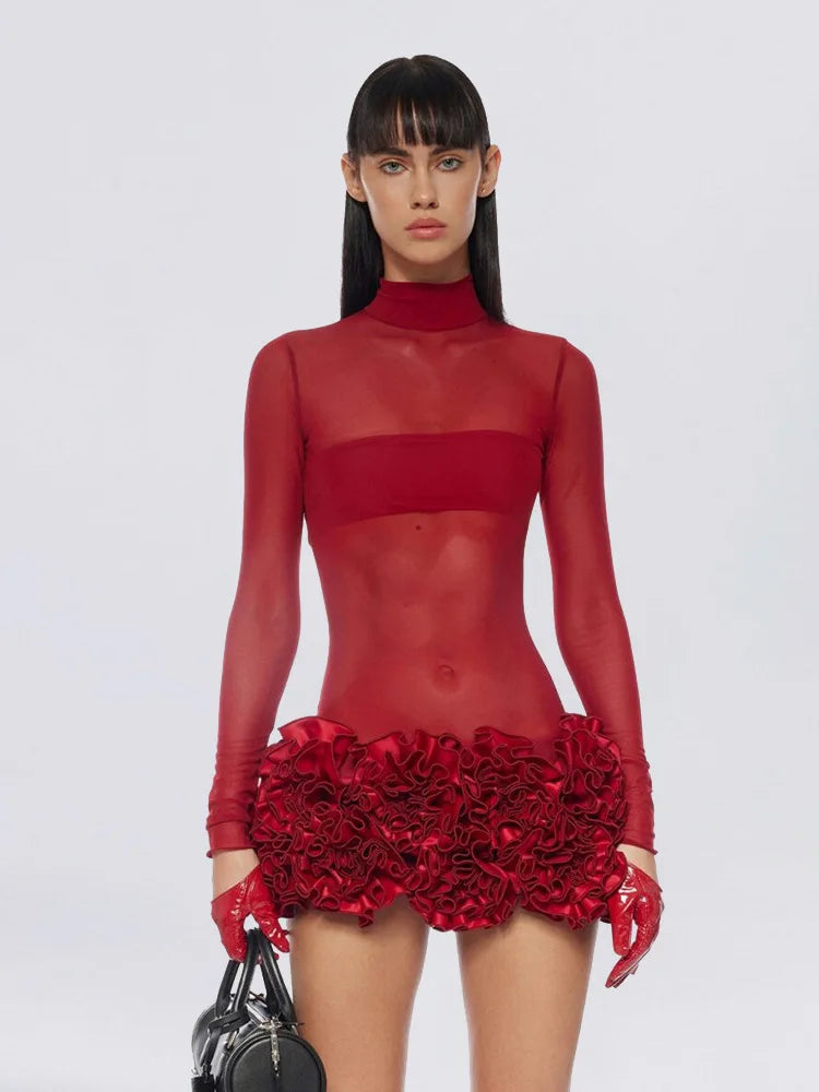 New White Women Long Sleeve Sexy Mesh See through Bodycon Mini Bandage Dress Florals Fashion Celebrate Nightclub Party Outfit Red