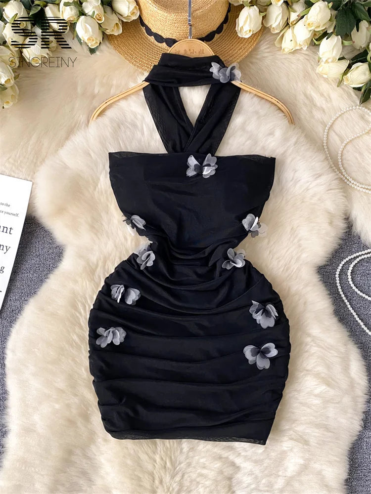 SINGREINY Hotsweet Sexy Slim Dress Ladies Halter Strapless Sleeveless BodyconThre-dimensional Floral Fashion Short Dress black