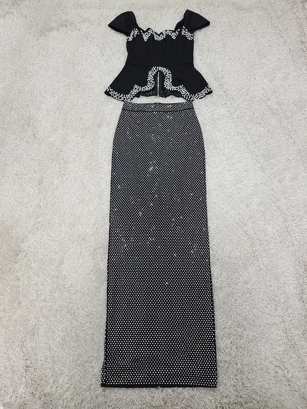 Women Sexy Off Shoulder Pearl Diamond Black Maxi Long Bandage Two Piece Set 2025 Elegant Evening Club Party Prom Gowns