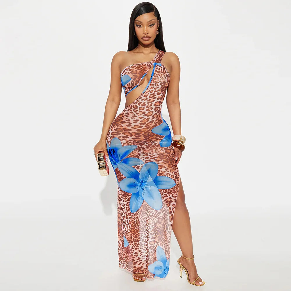 Women Floral Leopsrd Printed Sleeveless High Side Split Long Maxi Dress 2025 Skew Collar Sexy Birthday Party Dresses Blue
