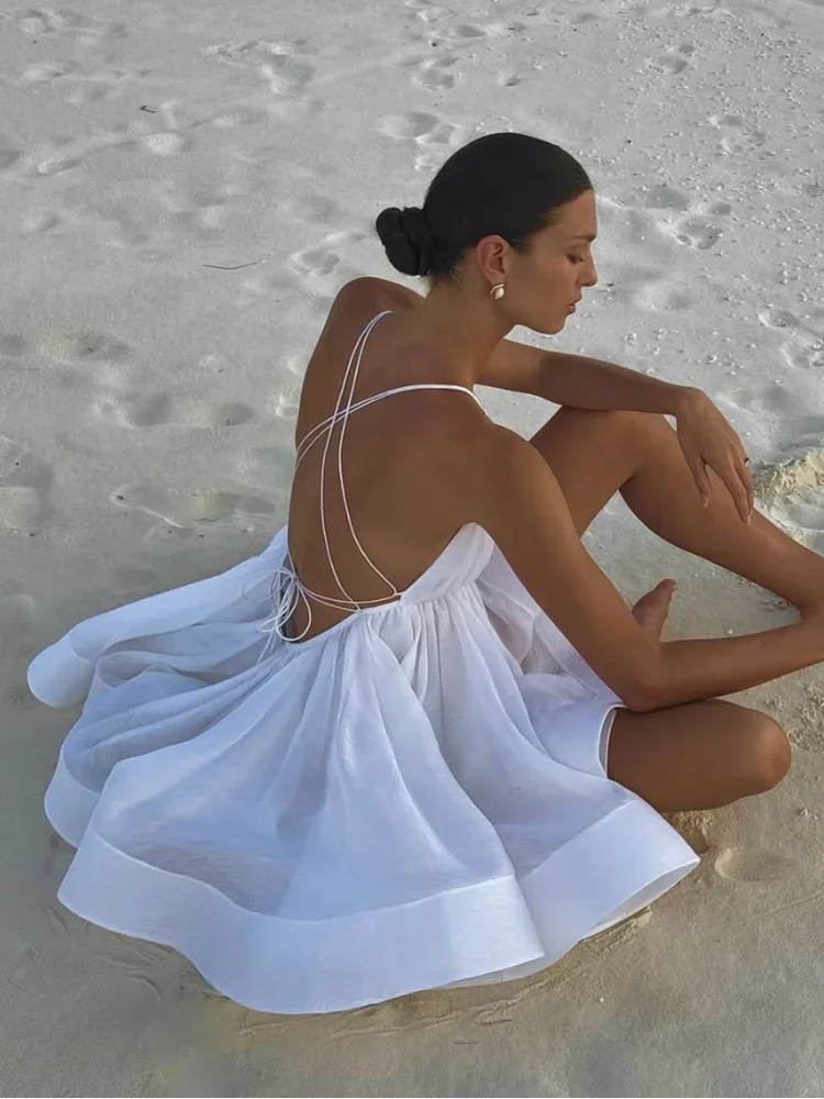 Elegant Yellow Pleated A-line Hem Mini Dress Women Sexy Sleeveless Open Back Lace-up Dresses Summer Lady Holiday Beach Vestidos