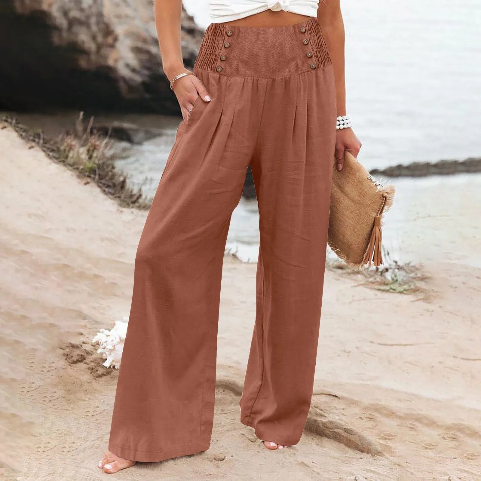 Summer Cotton Linen Wide Leg Pants Women Loose Palazzo Pant Pocket Elastic Waist Button Casual Pants Brown