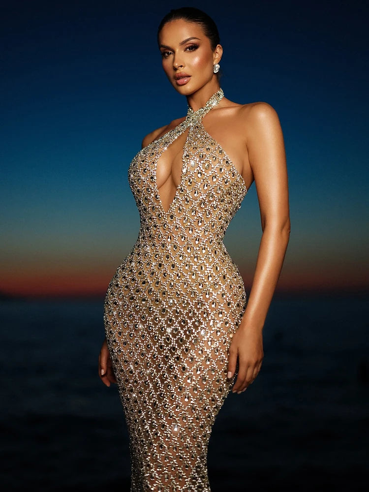 Beige Halter Mermaid Long Dress Key Hole Backless Sequins Sleeveless Celebrity Maxi Evening Party Gowns Vestidos