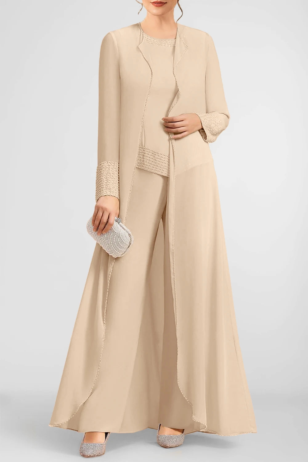 Flycurvy Plus Size Mother Of The Bride Apricot Sequin Embellishment Chiffon Wide Leg Three Piece Pant Suit