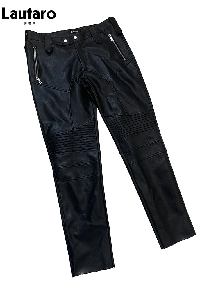 Lautaro Autumn Cool Black Fitted Faux Leather Moto & Biker Pencil Pants Men High Waist Luxury Mens Designer Clothes Fashion 2025