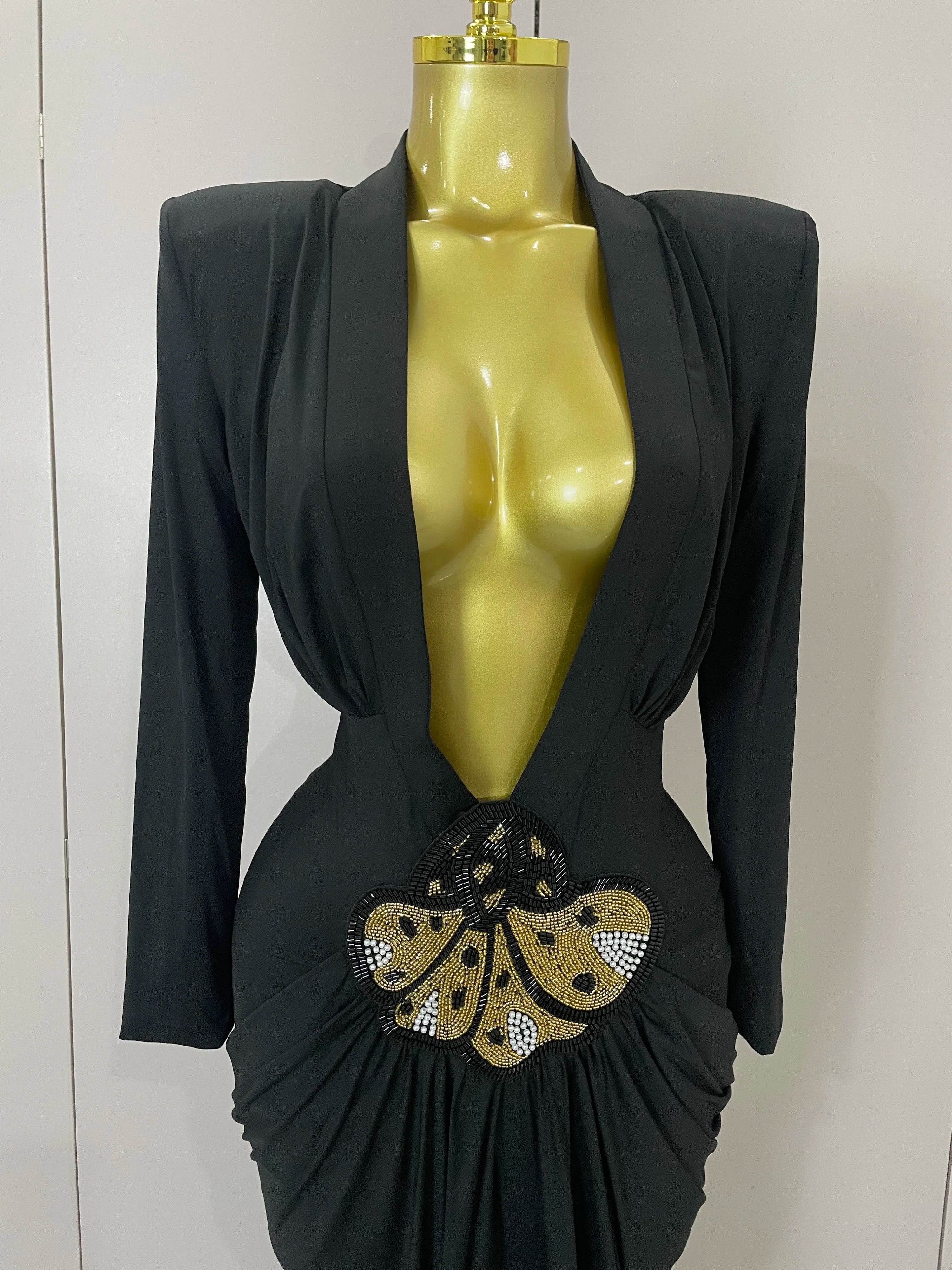 Sexy Deep V-Neck Long Sleeve Bodycon Long Dress 2025 New Women Spring Elegant Evening Party Celebrate Cocktail Outfit Vestido