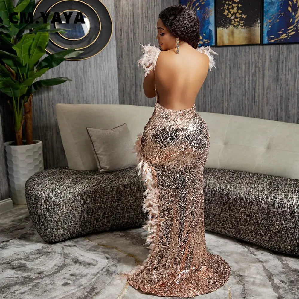 Women Sequined Spaghetti Strap Feather Hem High Side Slit Mermaid Trumpet Bodycon Midi Evening Sexy Party Maxi Dresses