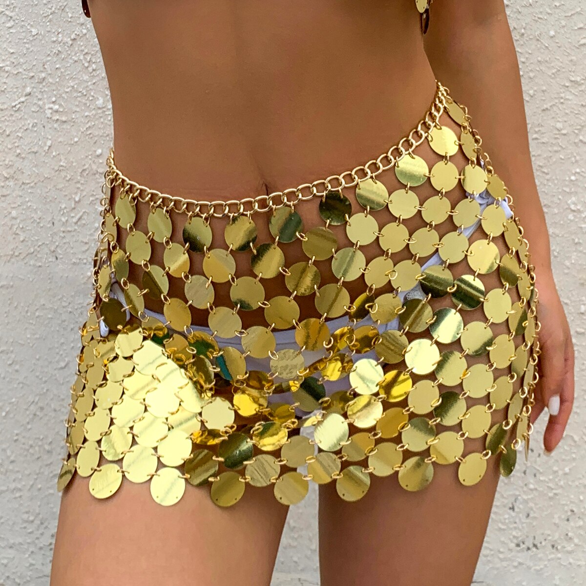 Sexy Acrylic Plastic Sequin Chest Bra Chain Dress Nightclub Party Show Festival Outfit Dance Costume Stage Wear Body Jewelry New Gold Bottoms