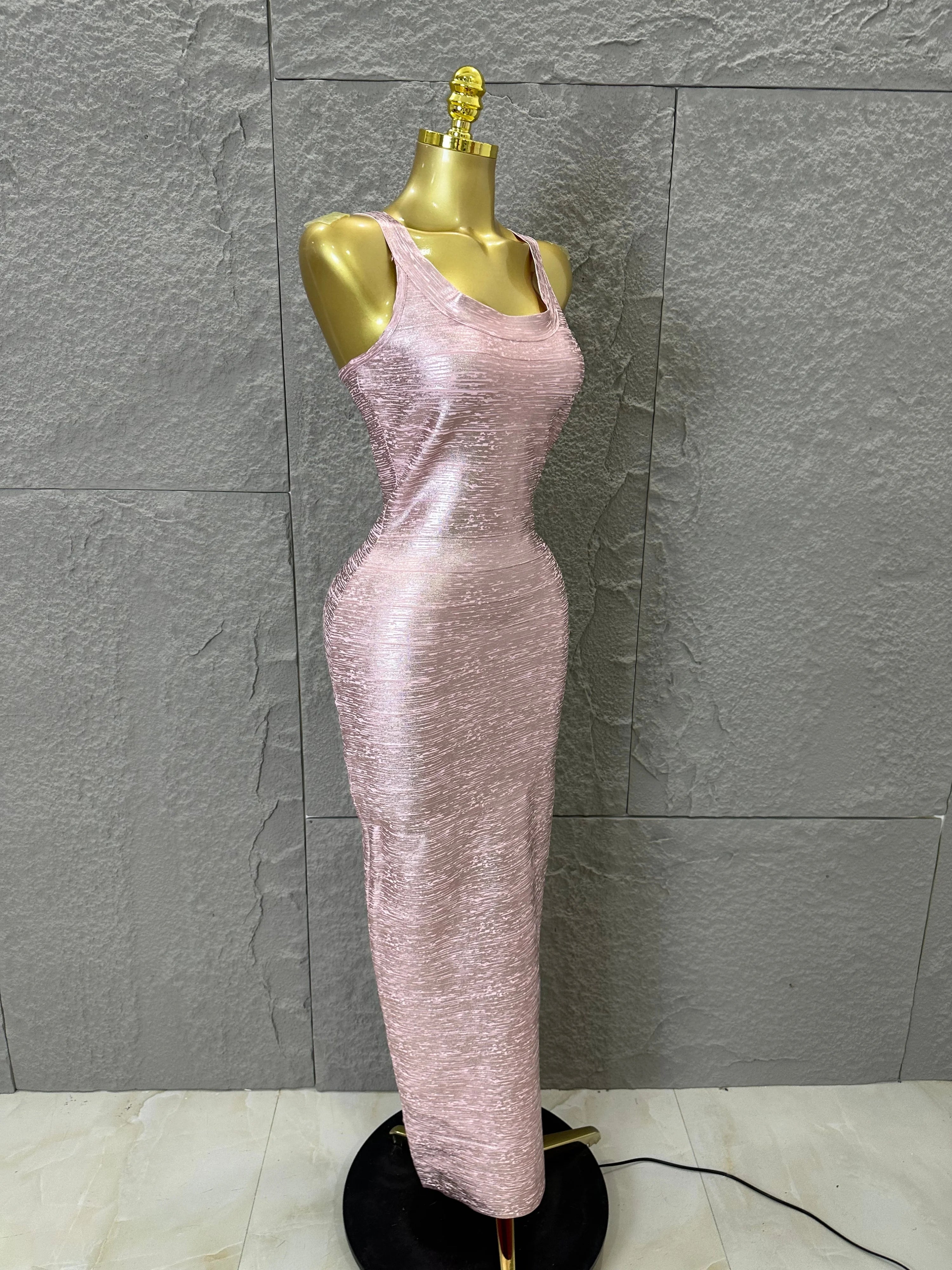 Elegant Pink Square Neck Maxi Dress Women Sexy Sleeveless Metallic Shimmer Form-Fitting Bandage Outfit Cocktail Party Costume