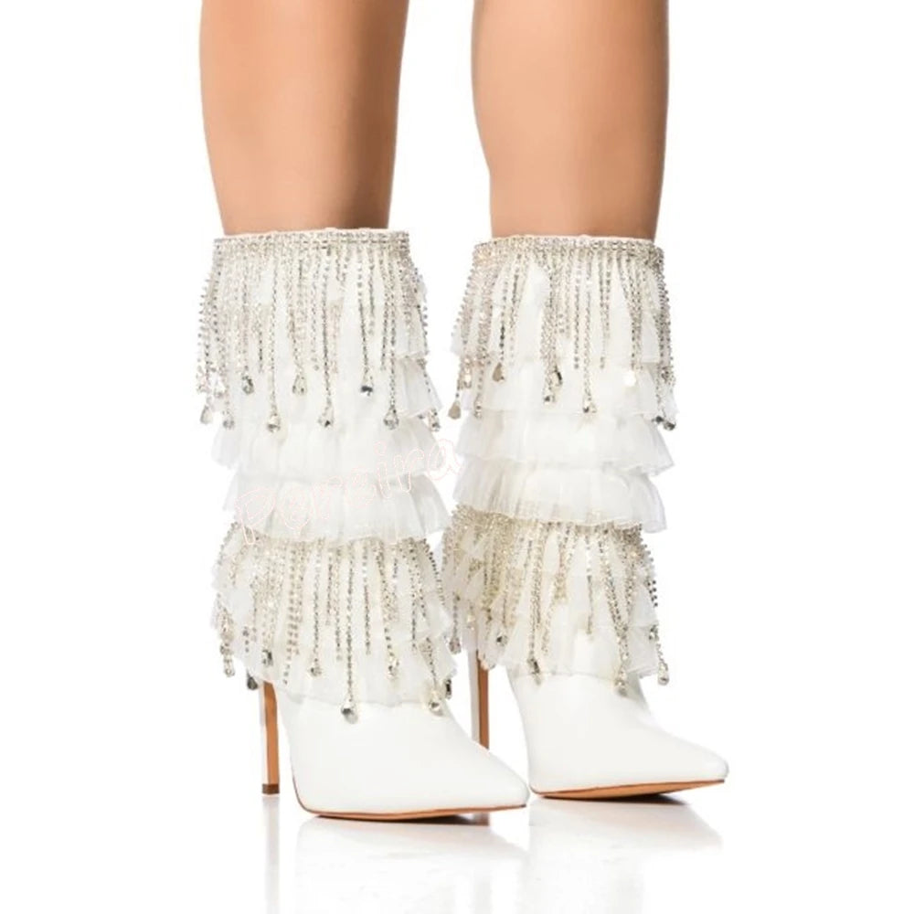 White Diamond Mid-calf Boots Stiletto Women's Autumn Vintage Leather Sexy Fashion Elegant Party Lady Shoes Weeding New Arrivals