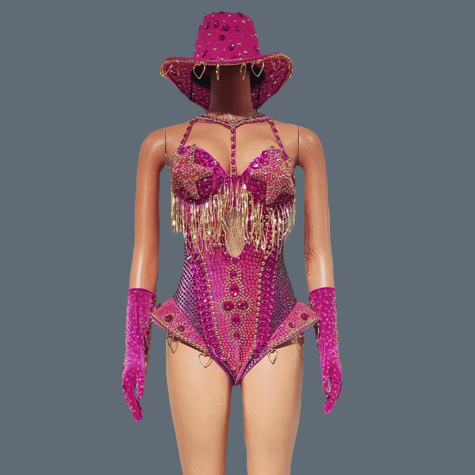 Sparkly Rhinestone Tassel Luxury Bodysuit 4Piece Set Cowboy Night Out Party Outfit Stage Show Jumpsuit Carnival Wear Hongding Rose Red