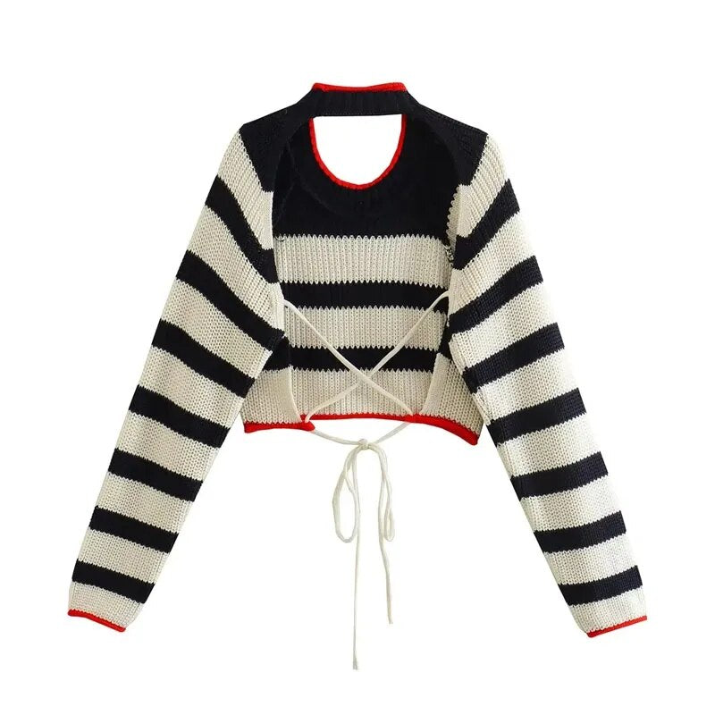 TRAF Women's Cropped Sweaters Knit Striped Sweater Pullovers Autumn Winter Crop Knit Backless Long sleeve Top Knitwears
