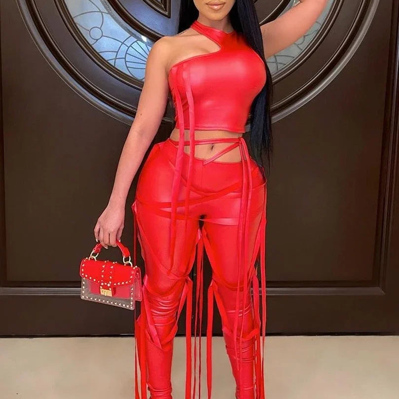 Faux Leather Women's Set Drawstring Lace Up Slit Leggings Pants Suit and Crop Top Street Tracksuit Two Piece Set Outfit