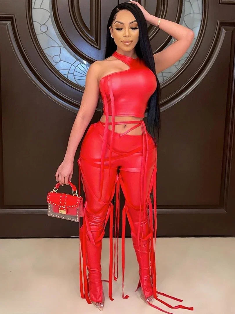 Faux Leather Women's Set Drawstring Lace Up Slit Leggings Pants Suit and Crop Top Street Tracksuit Two Piece Set Outfit