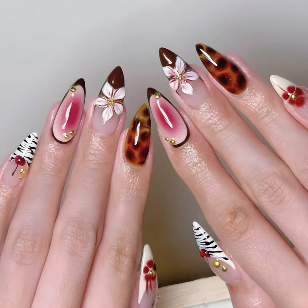 24Pcs Simple Press on Nails Full Cover Little Broken Diamonds Leopard French False Nails Stickers Blush Flowers Almond Manicure 1