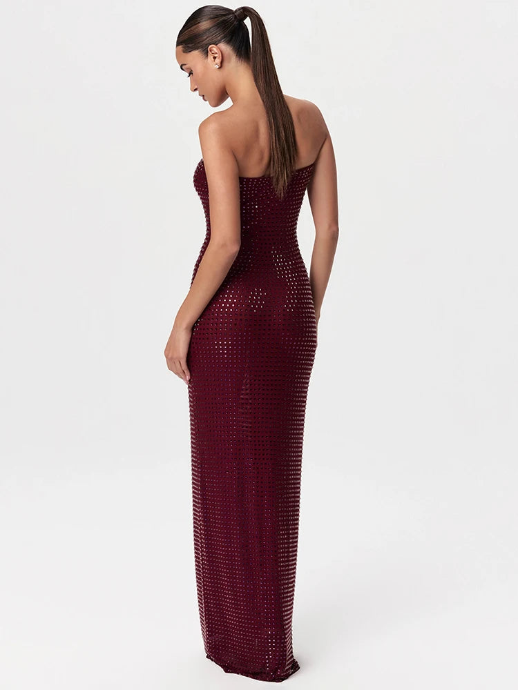Redwine Beaded Strapless Long Maxi Dress For Women Elegant Sleeveless Backless Sparkle Crystals Bodycon Cocktail Evening Gown