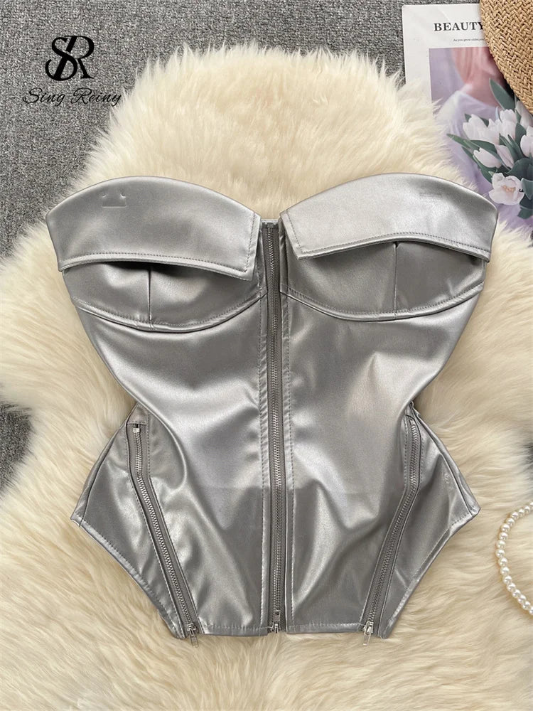 SINGREINY Strapless PU Leather Short Tank Top Fashion Zipper Design Slim Chic Backless Camis Ladies Streetwear Club Sexy Top sliver One Size