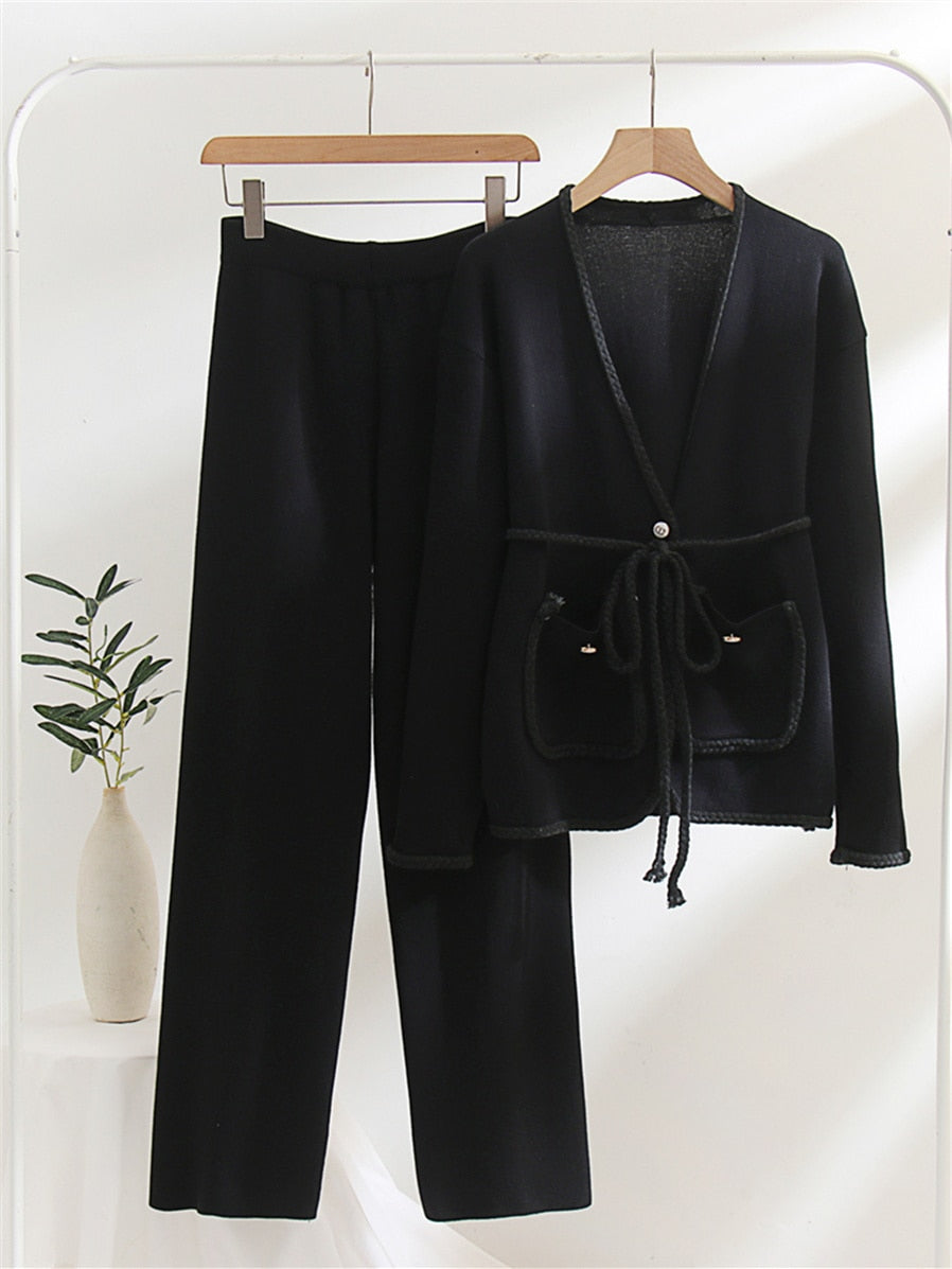 Spring Autumn Knitted Suits Women Long Sleeve Sweater and Wide leg Pants Sets Outwear Loose Lace Up Cardigan Outfits Sets Black One Size