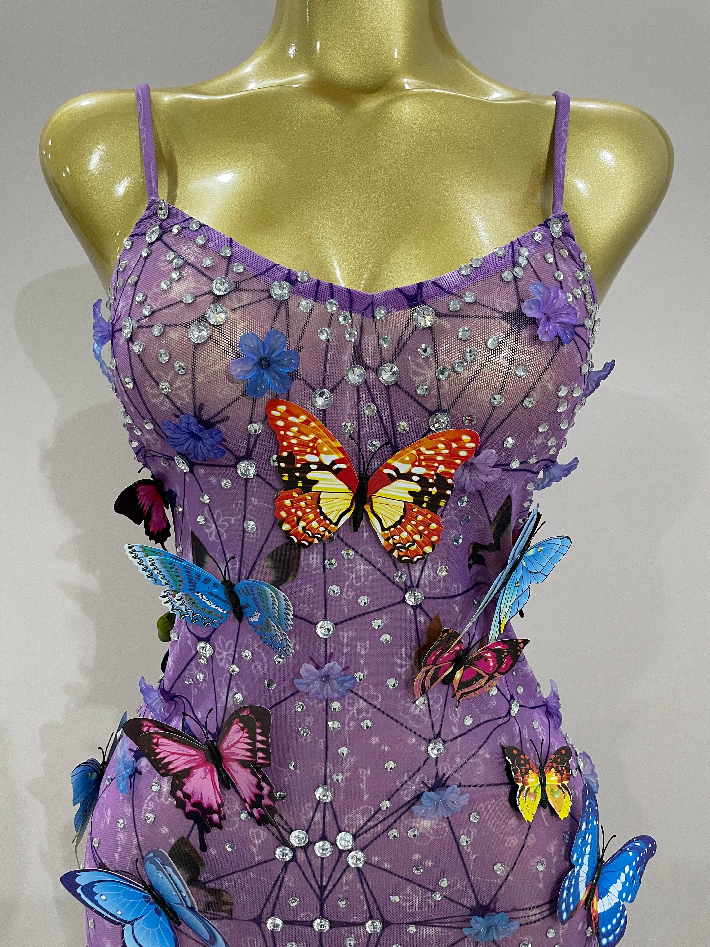 Women Celebrity Luxury Birthday Nightclub Stage Outfit 2025 Sparkly Butterfly Purple Sexy Mesh See Through Dress