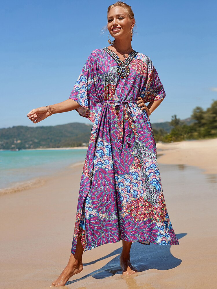 Plus Size Beach Cover Up Robe Plage Sarong Swimsuit Cover Up Pareos Color-02 One Size